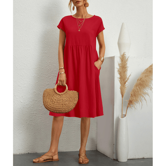Robe midi d'été minimaliste pour femmes - Coton lin respirant et décontracté