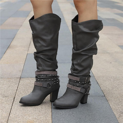 Bottes Hautes Femme - Cuir Élégant - Talon Bloc Confort - Détails Cloutés Mode