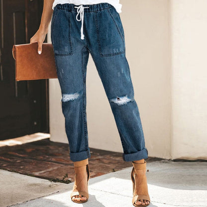 Jean Femme - Taille Haute - Ceinture Intégrée - Effet Déchiré - Coupe Ajustée