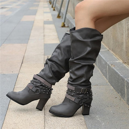 Bottes Hautes Femme - Cuir Élégant - Talon Bloc Confort - Détails Cloutés Mode