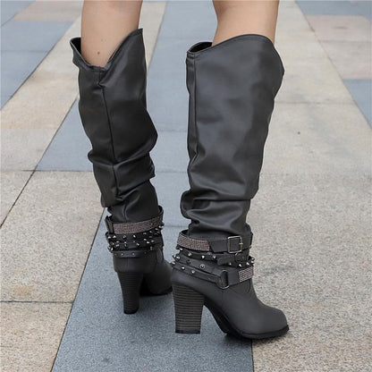 Bottes Hautes Femme - Cuir Élégant - Talon Bloc Confort - Détails Cloutés Mode