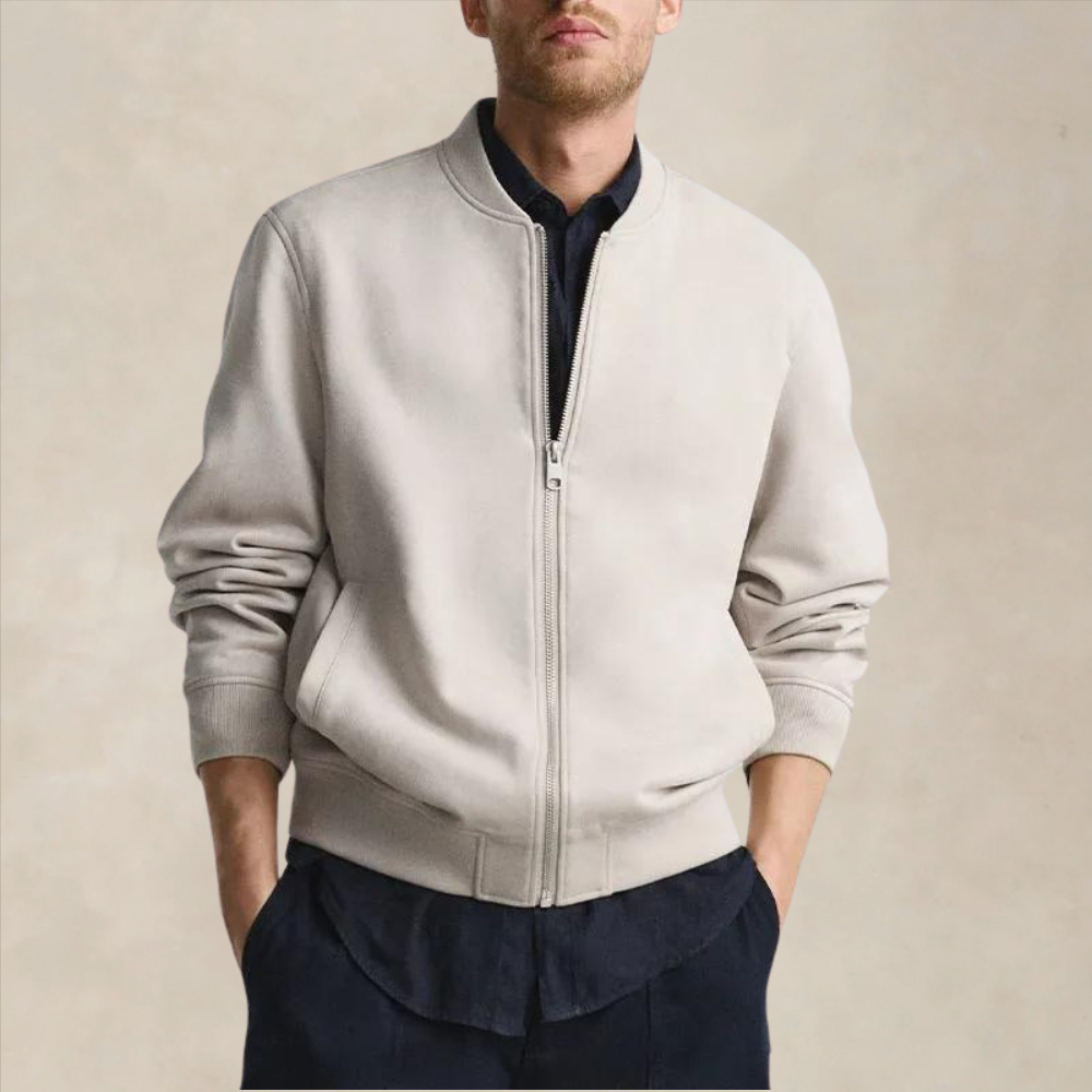 Blouson homme en daim – Coupe droite – Fermeture zippée – Bords côtes élégants