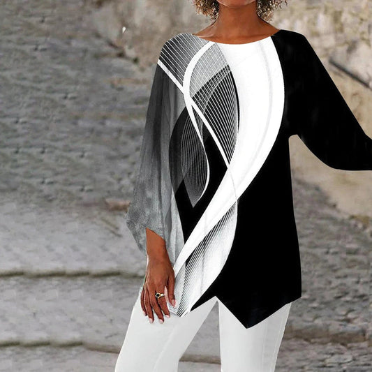 Tunique femme – Coupe ample – Manches longues – Motif géométrique – Ourlet asymétrique – Tissu respirant