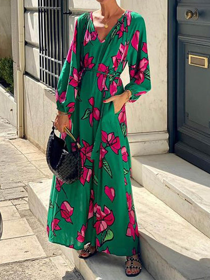 Robe maxi fleurie avec manches bouffantes pour femme - Élégante et légère