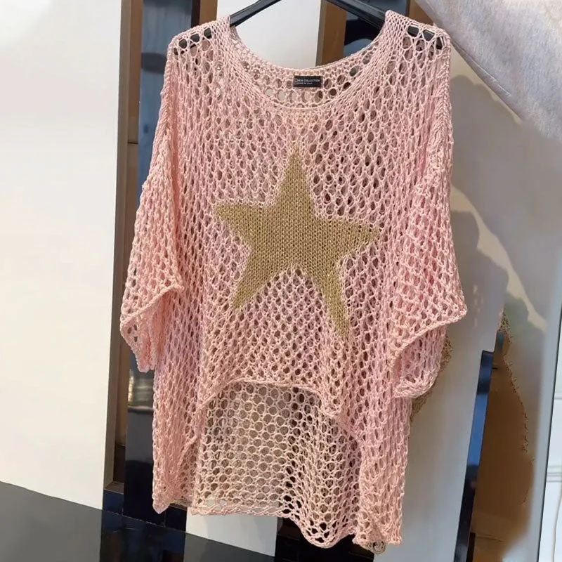 Top court femme – maille ajourée – coupe ample – manches 3/4 – col rond étoile
