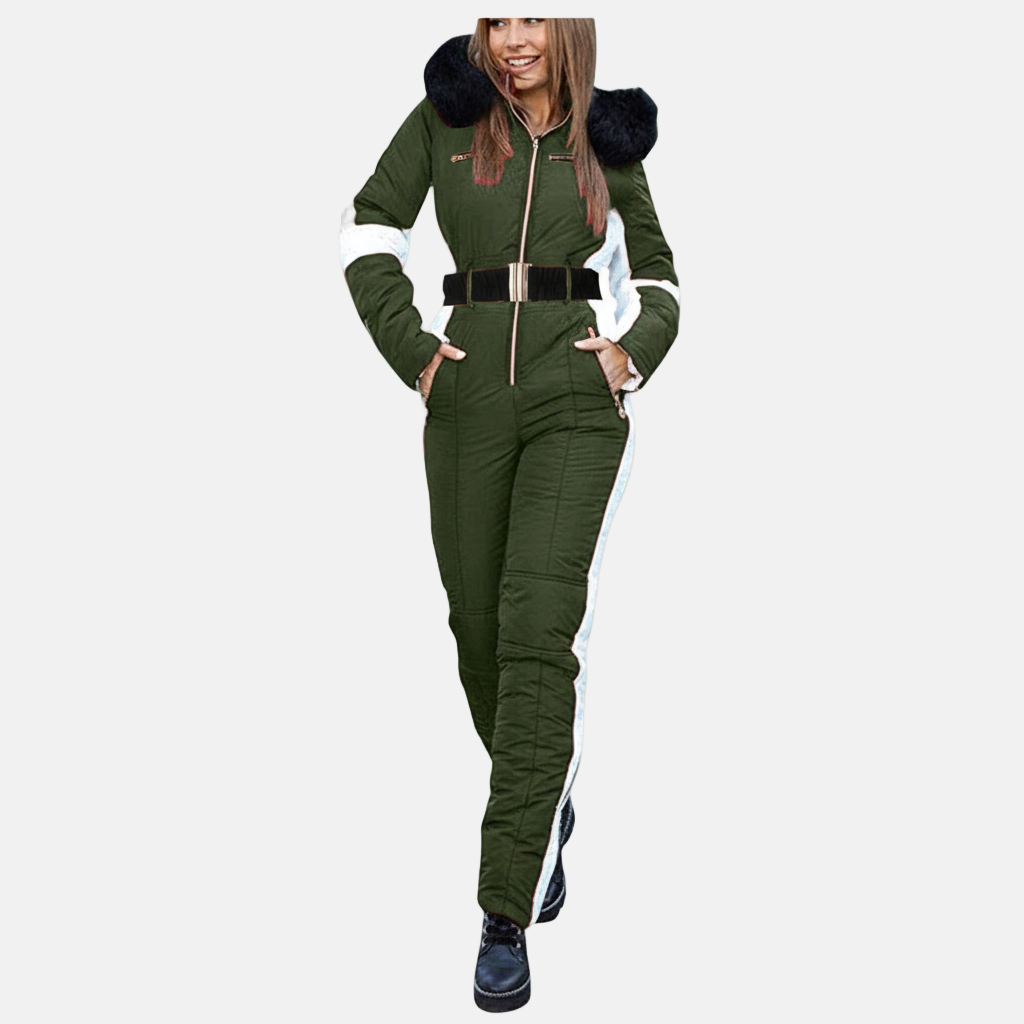 Combinaison de ski femme – Coupe ajustée – Ceinture – Capuche fausse fourrure – Imperméable