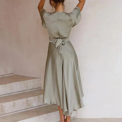Robe Midi Femme - Coupe Évasée - Décolleté Cache-Cœur - Manches Volantes - Détail Découpe