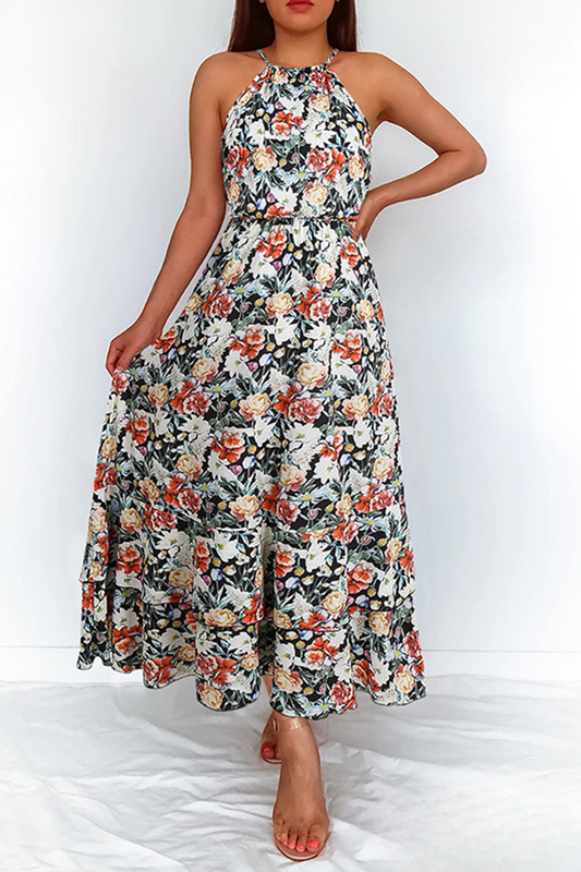 Robe Longue Femme - Col Halter Élégant - Taille Cintrée - Motif Fleuri Fluide