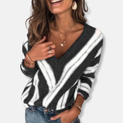 Anna Laine V-Neck Sweater | Sweater Décontracté Rayé Manches Longues