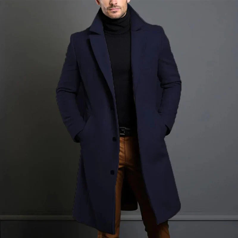 Manteau long homme – Coupe ajustée – Laine chaude – Revers cranté classique