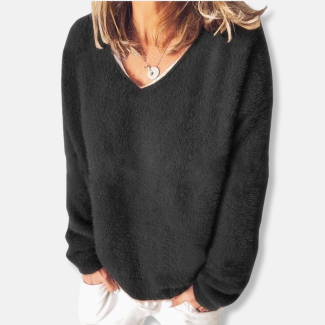 Femme Sweatshirt - Maille Pelucheuse - Coupe Décontractée - Col V - Manches Longues