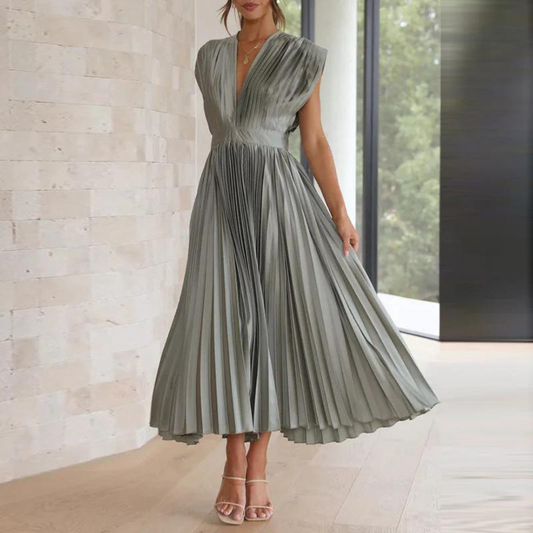 Robe midi femme – Coupe évasée – Tissu luxueux – Col en V – Plissée élégante
