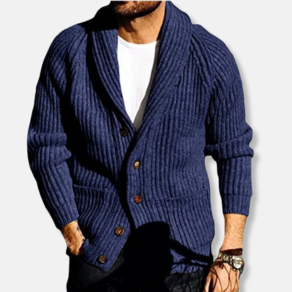 Homme Cardigan - Maille Côtelée - Coupe Slim - Col Châle - Poches Plaquées