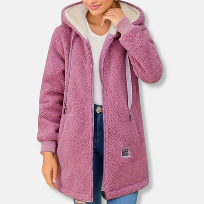 Veste mi-longue femme – Coupe oversize – Effet peau lainée – Capuche zippée