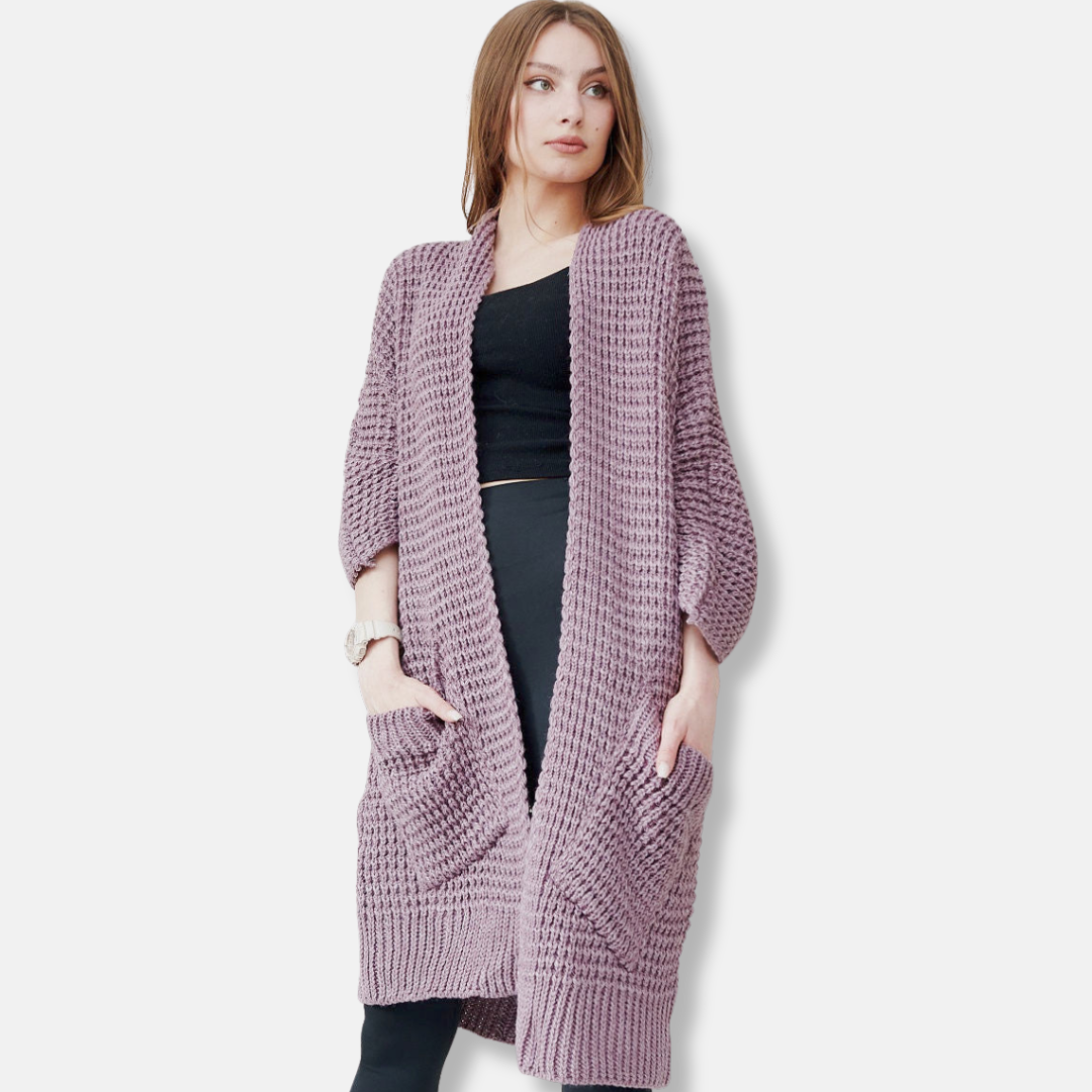 Manteau Femme en Maille – Coupe Oversize – Devant Ouvert – Poches Plaquées