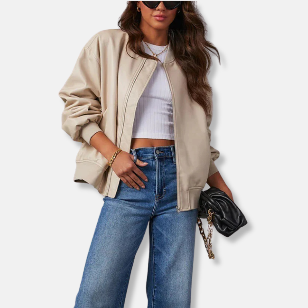 Femme Veste - Simili Cuir - Coupe Oversize - Col Montant Côtelé