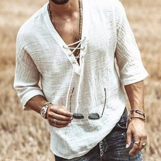 Men’s Lace-Up V-Neck Shirt with Relaxed Fit