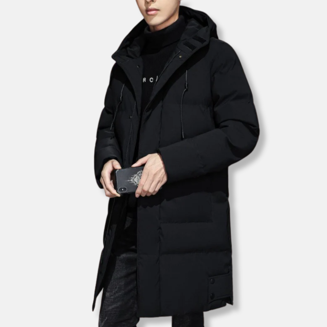 Manteau long homme – Capuche réglable – Matelassé chaud – Coupe régulière – Poignets côtelés
