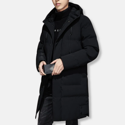Manteau long homme – Capuche réglable – Matelassé chaud – Coupe régulière – Poignets côtelés