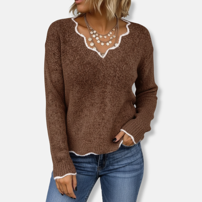 Pull femme – Coupe décontractée – Maille laine – Col festonné élégant