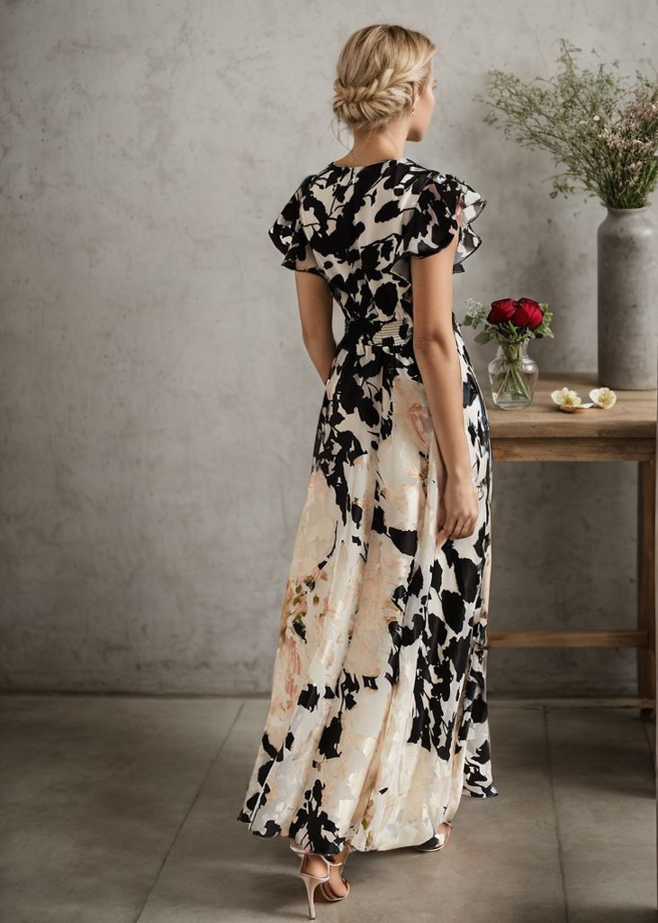 Robe Longue Femme - Coupe Portefeuille - Manches Volantes - Tissu Fluide Élégant