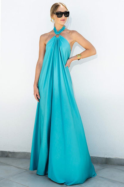Robe maxi en satin à col halter pour femmes - Élégante et sophistiquée