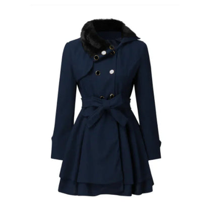 Manteau femme – Coupe évasée – Col en fausse fourrure – Laine – Ceinture élégante