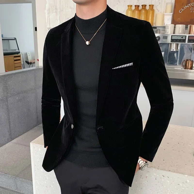Blazer homme – Coupe slim – Velours luxueux – Fermeture un bouton – Style formel structuré