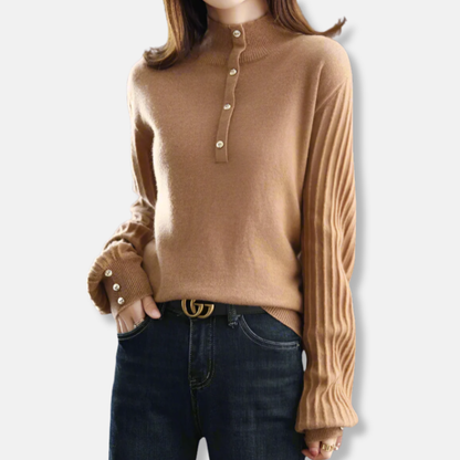 Femme Pull - Laine Mélangée - Col Montant - Manches Bouffantes Longues