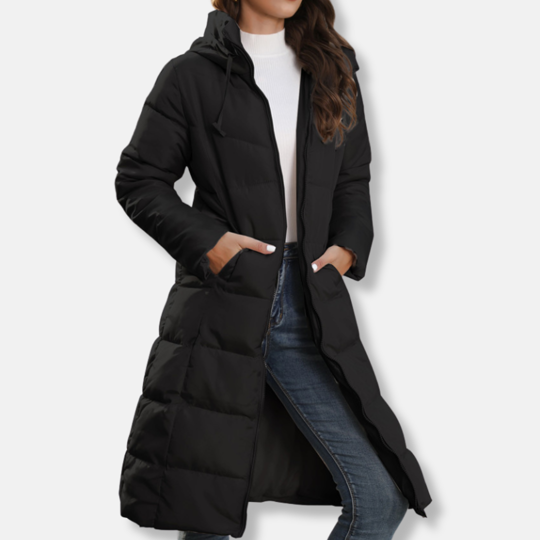 Manteau long femme – Duvet chaud – Capuche – Coupe droite – Matelassé confort