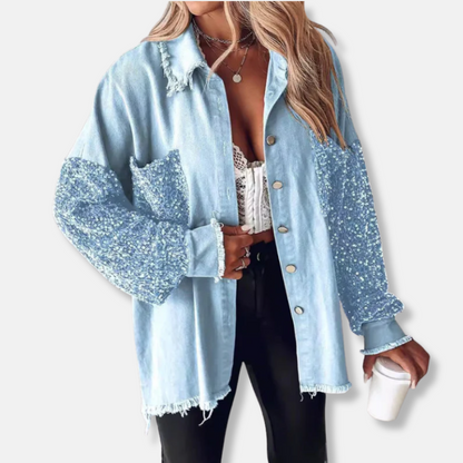 Femme Veste en Jean - Coton Mélangé - Coupe Oversize - Longueur Tunique - Bords Effilochés