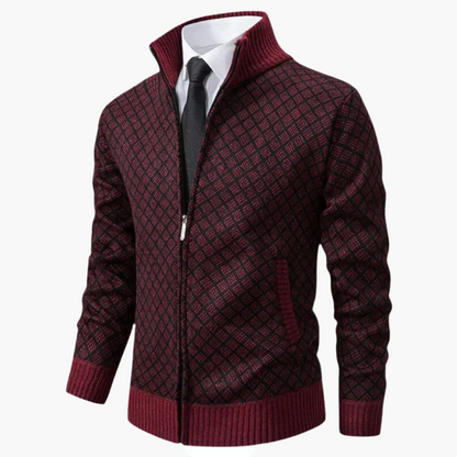 Veste zippée homme – Maille fine – Coupe ajustée – Motif losange – Col montant