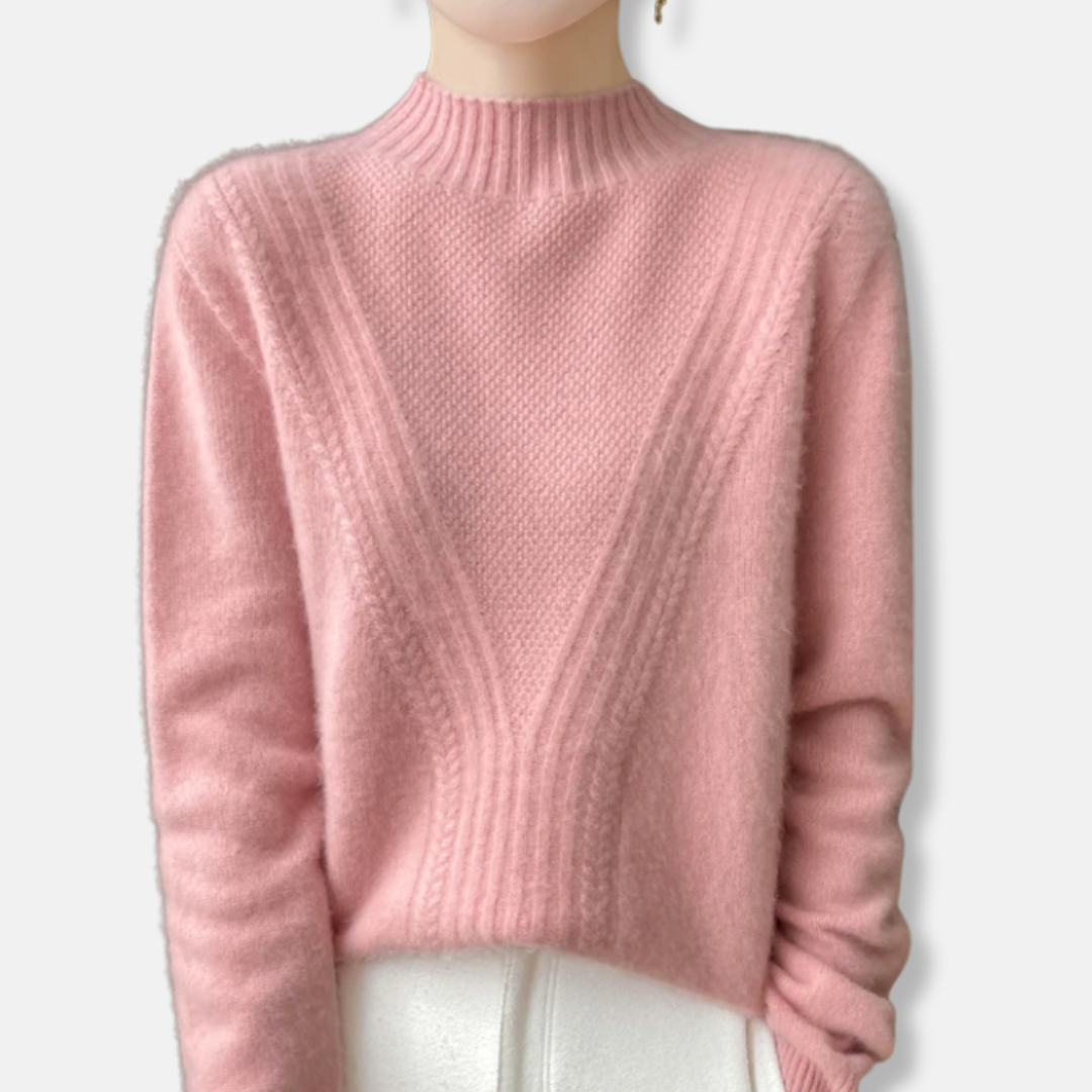 Pull femme – Laine – Coupe décontractée – Col montant – Maille côtelée