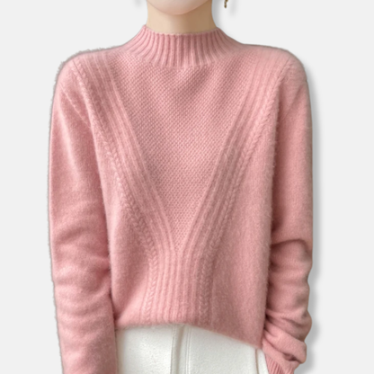 Pull femme – Laine – Coupe décontractée – Col montant – Maille côtelée