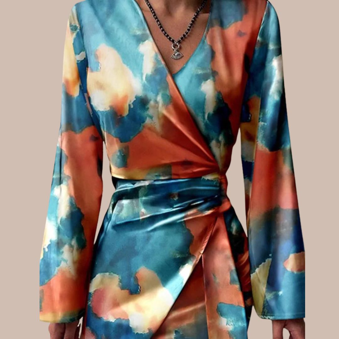 Robe Portefeuille Femme - Manches Longues - Encolure V - Coupe Ajustable - Imprimé Moderne