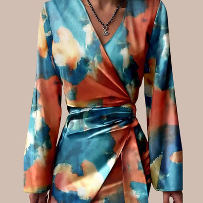 Robe Portefeuille Femme - Manches Longues - Encolure V - Coupe Ajustable - Imprimé Moderne