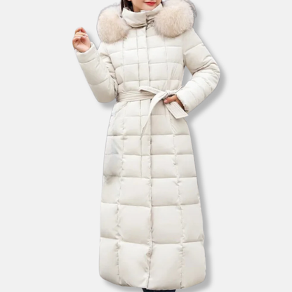 Manteau long femme – Matelassé isolant – Ceinture cintrée – Capuche en fausse fourrure