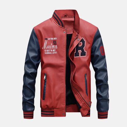 Blouson homme style varsity – Corps cuir lisse – Finition côtelée – Fermeture pression