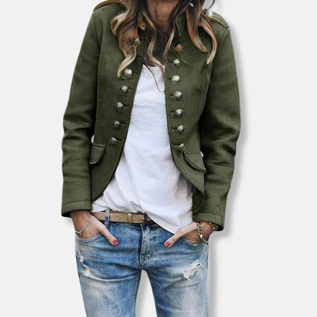 Femme Blazer - Tissu Tissé Mélangé - Col Mao - Double Boutonnage - Épaulettes