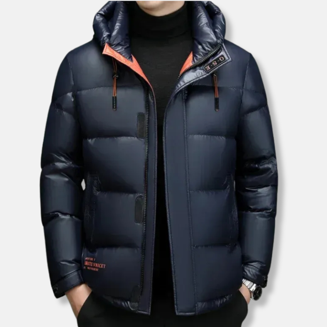 Veste homme en duvet – Coupe régulière – Capuche – Déperlant – Fermeture zippée et boutons