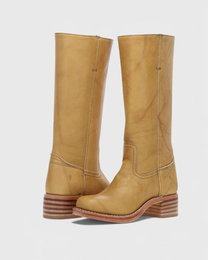 Femme Bottes - Cuir - Tige Haute - Talon Bloc Empilé - Bout Amande