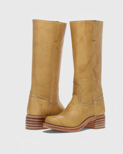 Femme Bottes - Cuir - Tige Haute - Talon Bloc Empilé - Bout Amande