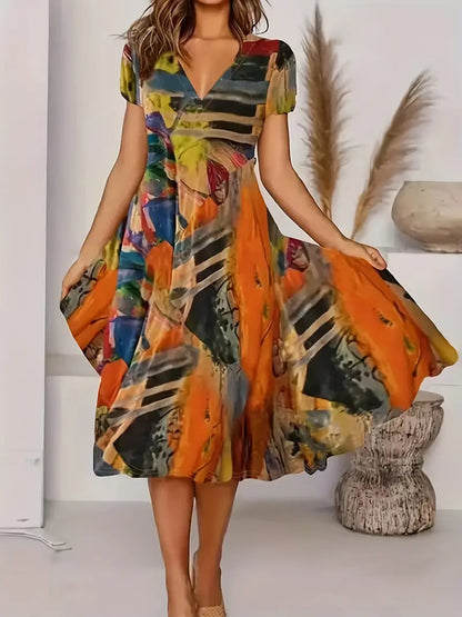 Robe Midi Femme - Imprimé Abstrait - Manches Courtes - Col V - Fluide et Élégante