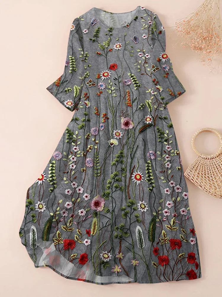 Robe femme – Coupe évasée – Broderie florale – Tissu léger respirant – Manches 3/4