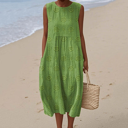 Robe midi sans manches femme – Coupe ample – Fibres naturelles – Imprimé floral – Poches