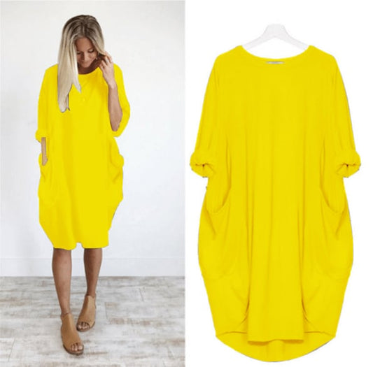 Robe midi femme – Coupe large – Tissu respirant – Col rond – Poches latérales