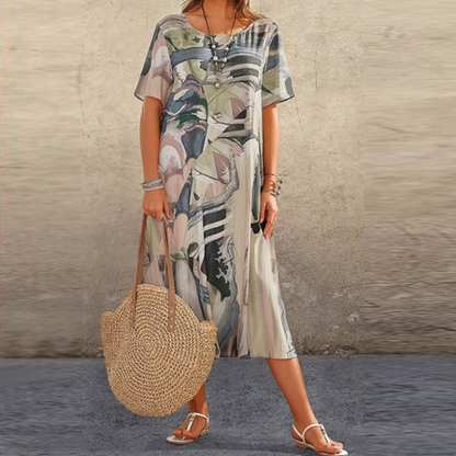 Robe Femme - Coupe Ample - Manches Courtes - Col Rond - Motif Artistique - Longueur Midi