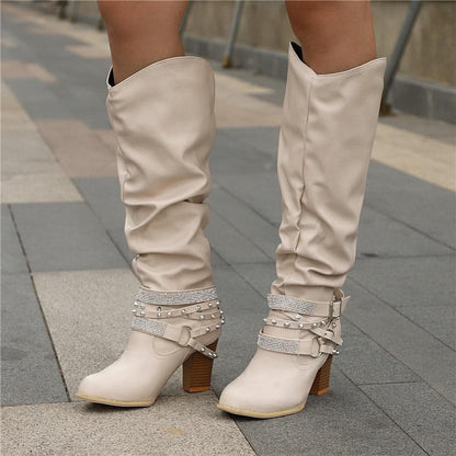Bottes Hautes Femme - Cuir Élégant - Talon Bloc Confort - Détails Cloutés Mode