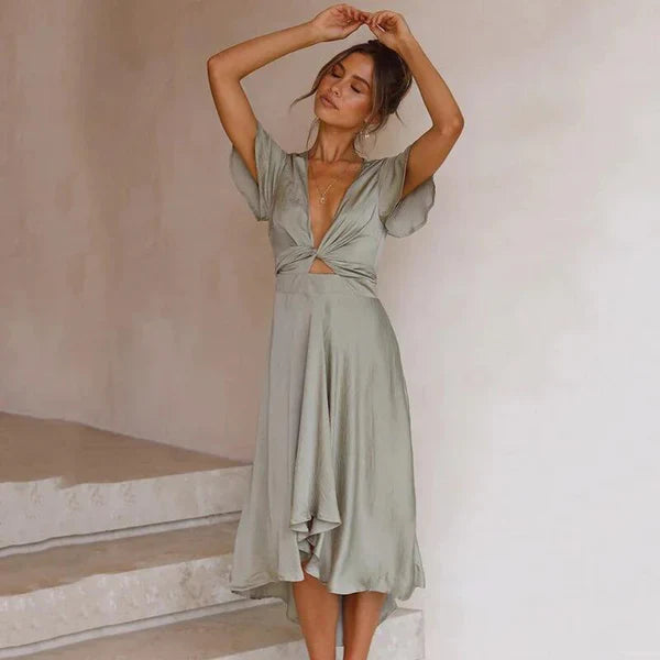 Robe Midi Femme - Coupe Évasée - Décolleté Cache-Cœur - Manches Volantes - Détail Découpe