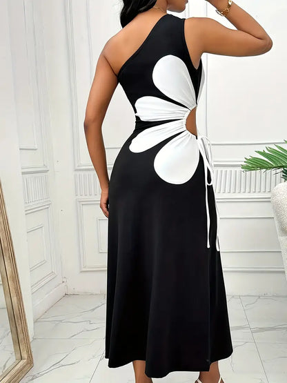 Robe Midi Femme - Coupe Ajustée - Asymétrique Une Épaule - Détail Fleur Appliquée